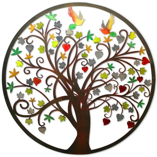 Metal tree-of-life wall art with colorful leaves, hearts, and two birds in flight.